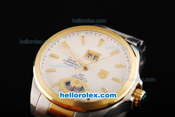 Tag Heuer Carrera Calibre 8 Chronometer Automatic Movement Gold Bezel with White Dial and Gold Stick Markers-Two Tone Strap - Click Image to Close